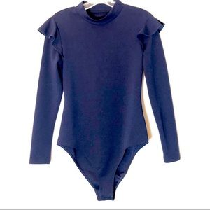 Bodysuit Mock Neck & Shoulder Ruffles Medium Navy